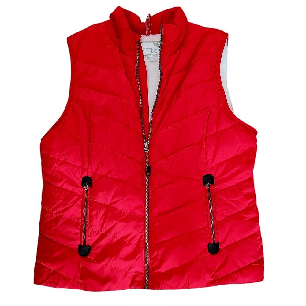 Green Tea Women's Faux Fur Lined Red Zip Front Quilted Puffer Vest Coat Size XL